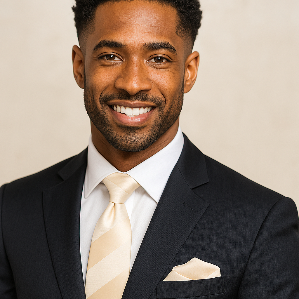 Man wearing a black suit with a beige tie and pocket square against a beige background