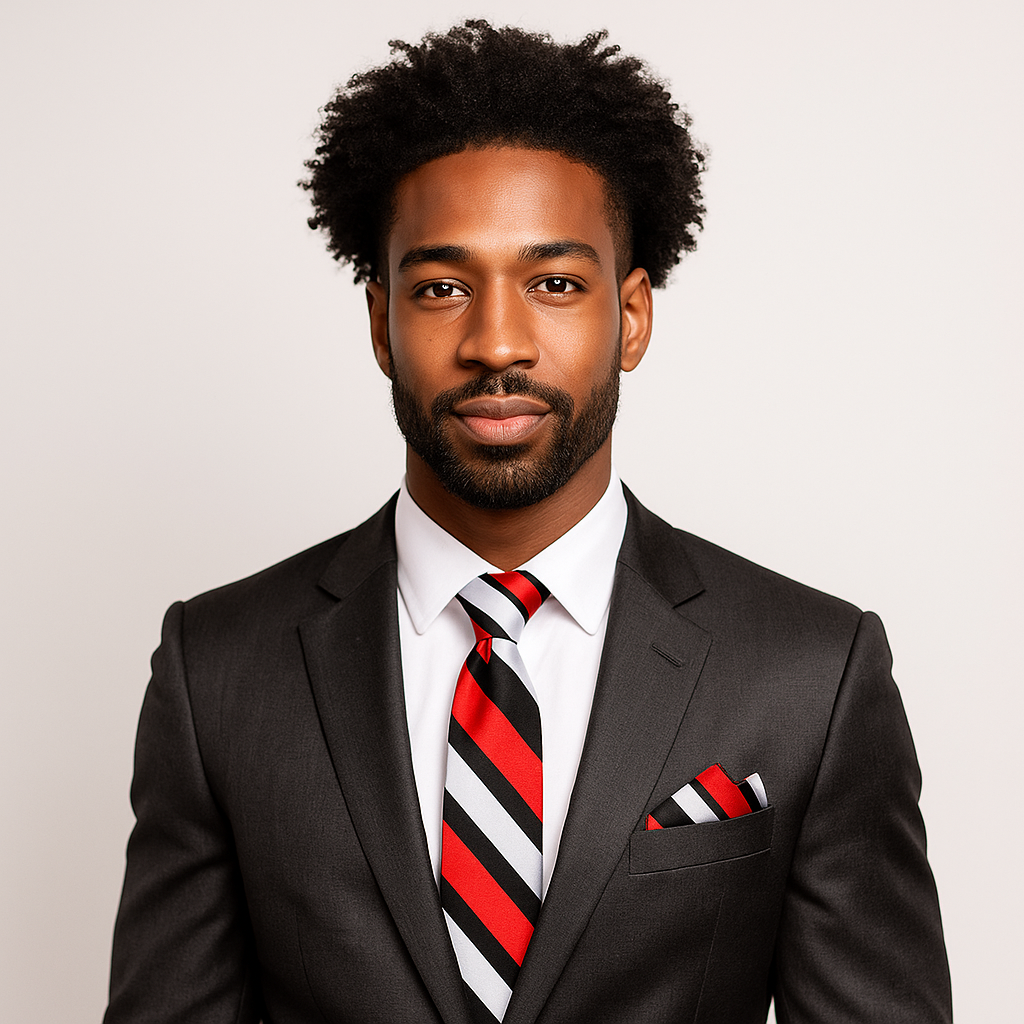 Man wearing a black suit with a red and white striped tie on a light background