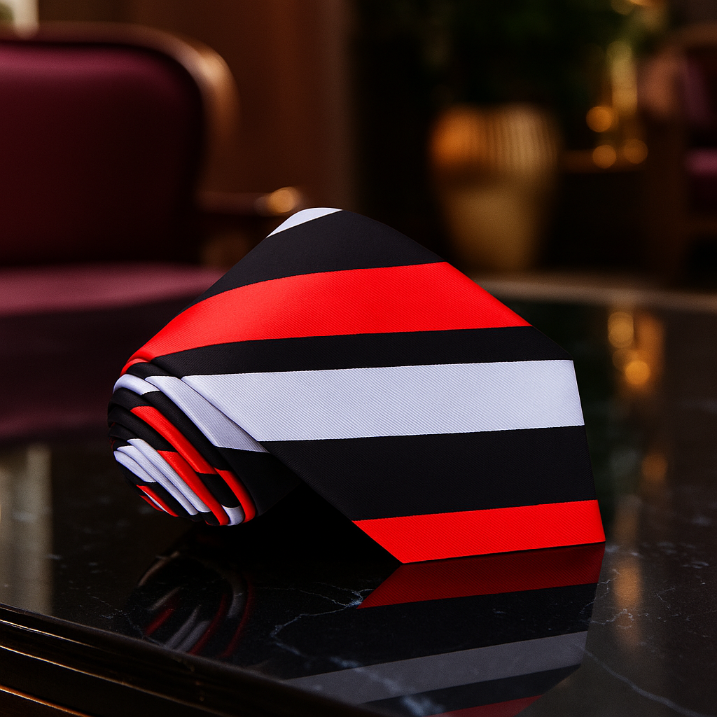 Folded black, red, and white striped tie on a reflective surface with a blurred background