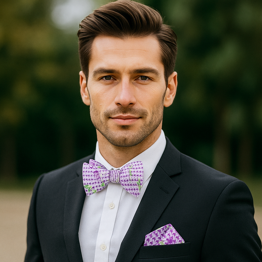 Purple and Green Floral Bow tie and Matching Square