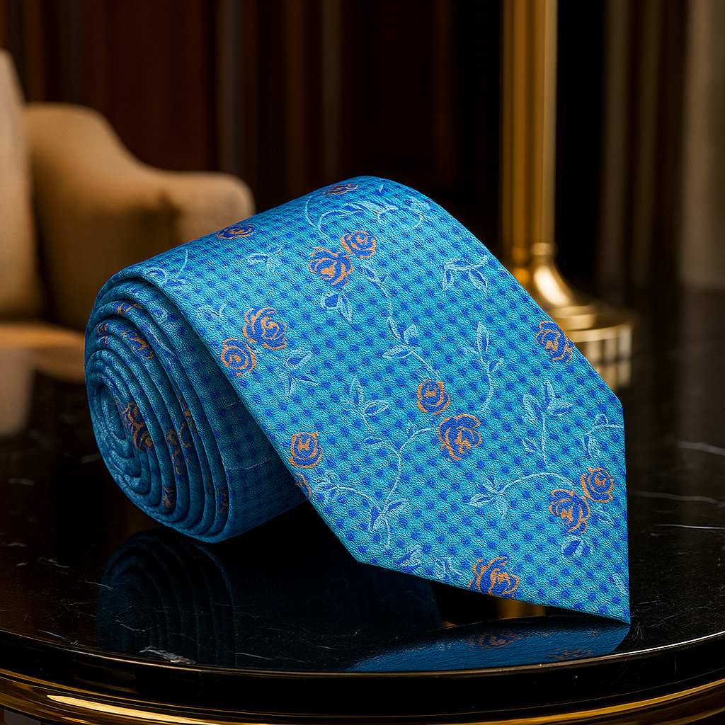 A Light Blue Vine With Small Flower Pattern Necktie 