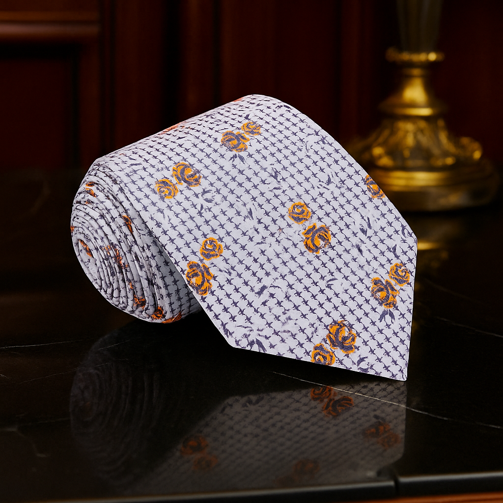 A Grey, Gold Blossom Tie