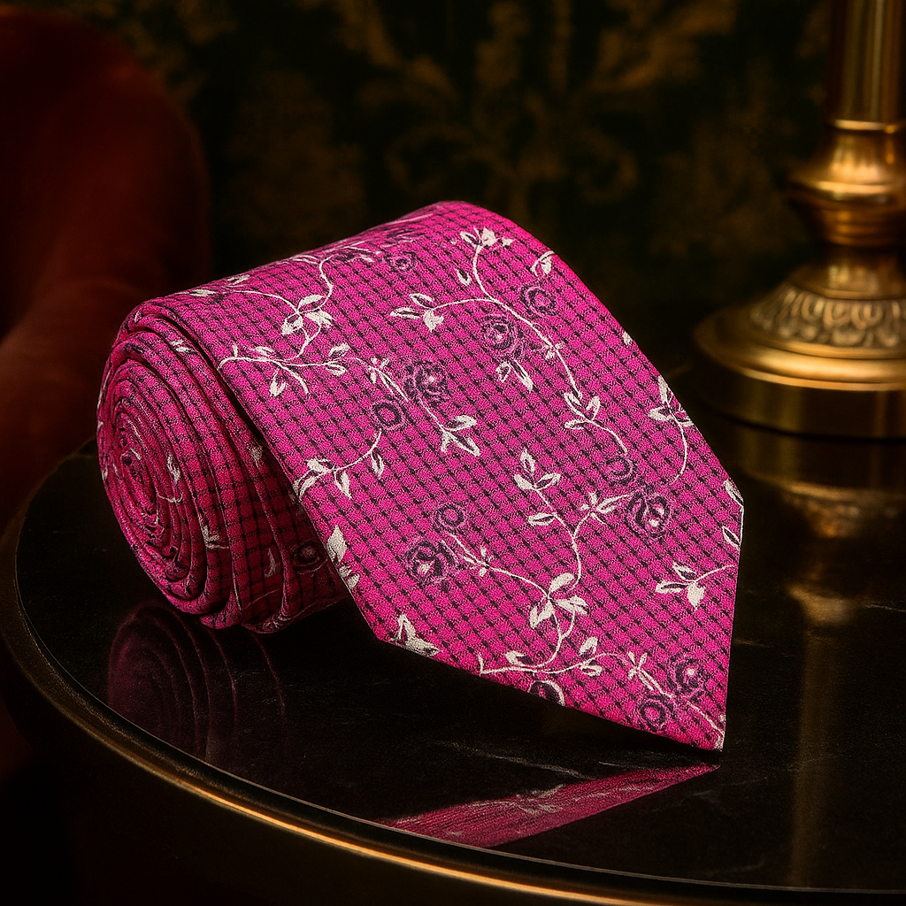 Pink floral patterned tie on a dark surface with a blurred background
