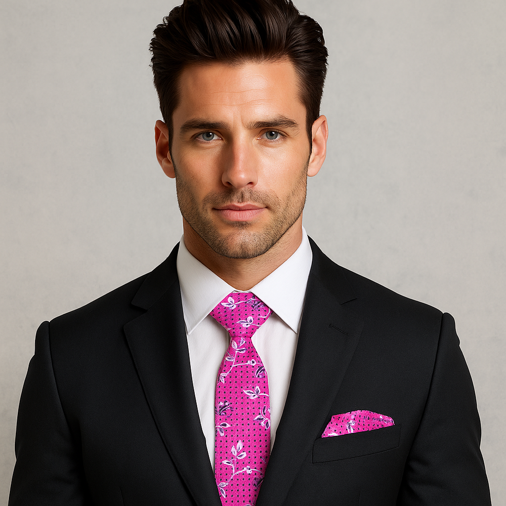 Man wearing a black suit with a pink patterned tie and pocket square on a gray background