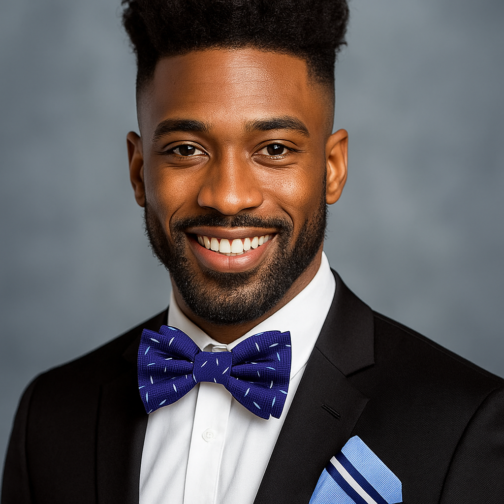 Man wearing a black suit with a blue bow tie against a gray background