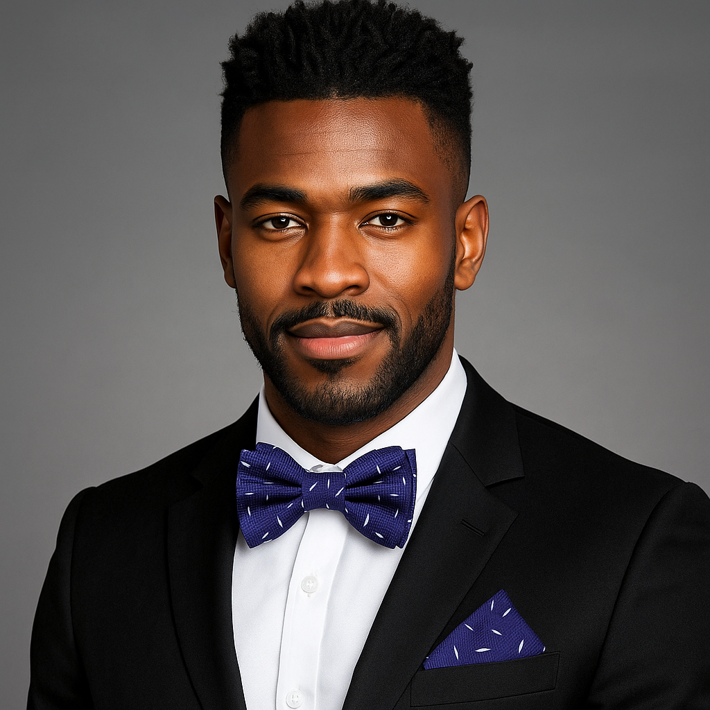 Man wearing a black suit with a blue bow tie and pocket square against a gray background