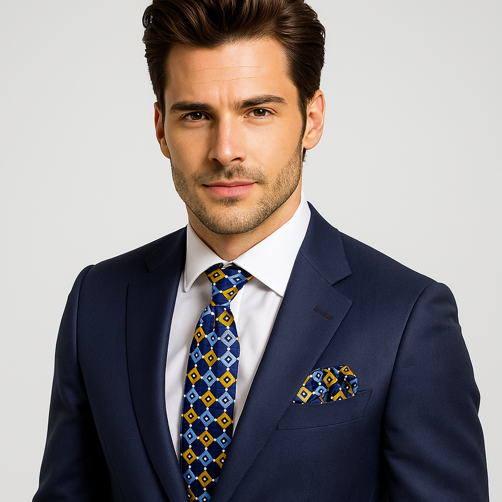 Man wearing a navy suit with a blue and yellow patterned tie and pocket square on a light gray background