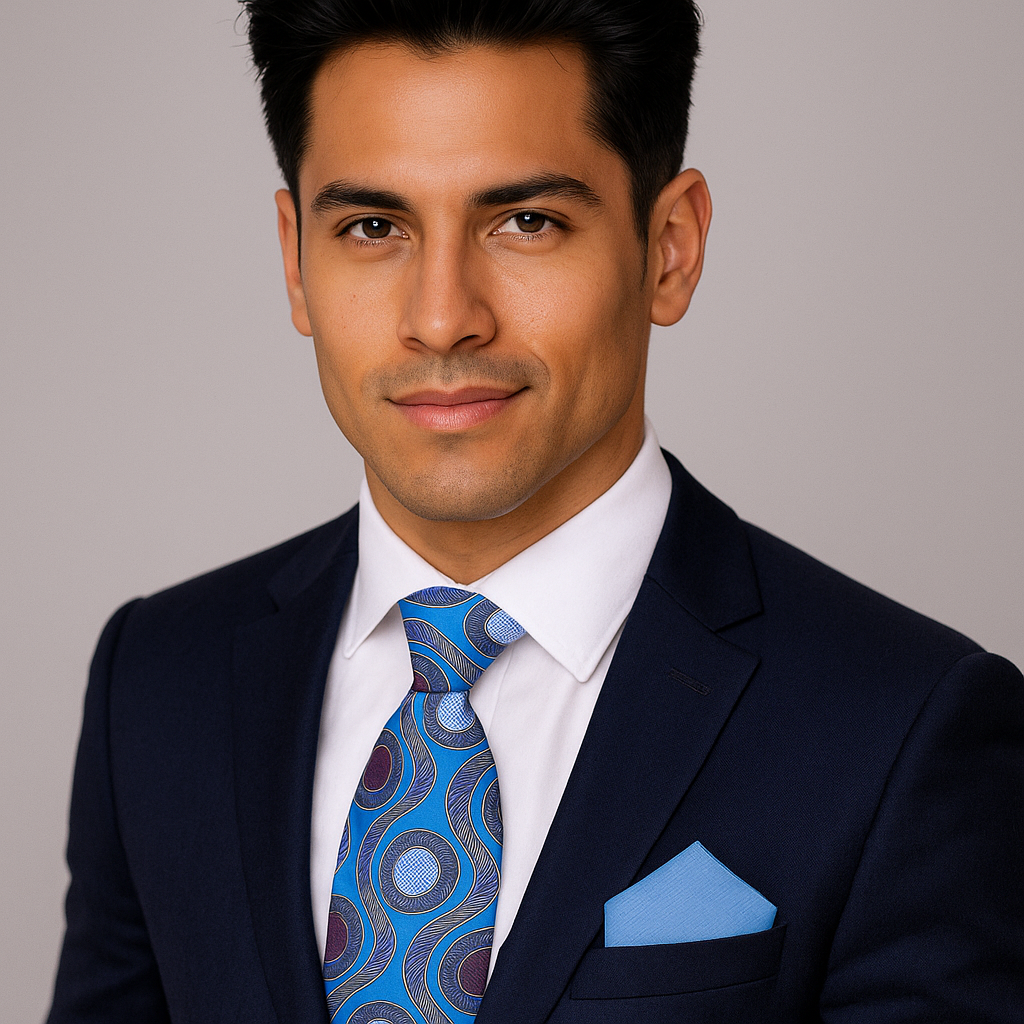 Man wearing a dark suit with a blue patterned tie and pocket square on a gray background