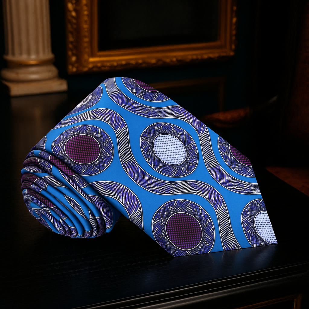Blue tie with circular pattern rolled up on a dark surface