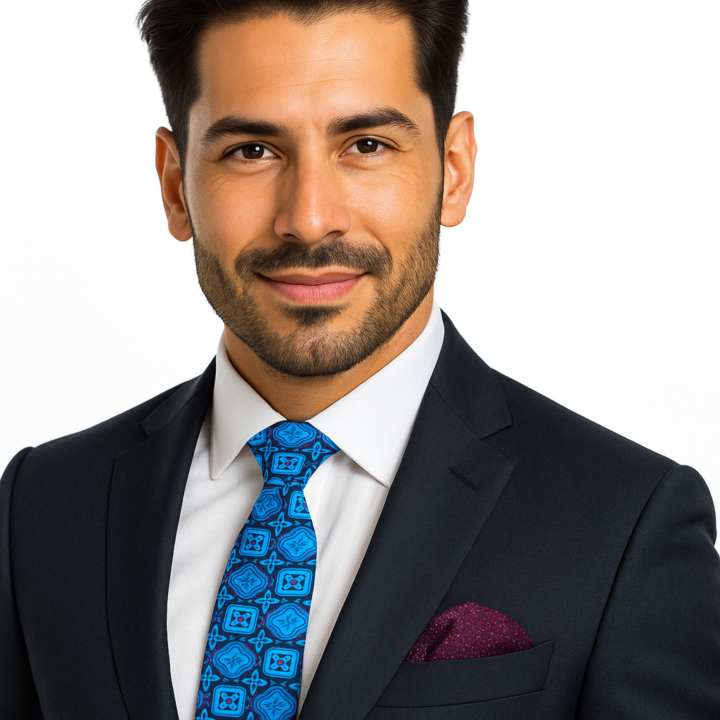 Man wearing a dark suit with a blue patterned tie and white shirt on a plain background