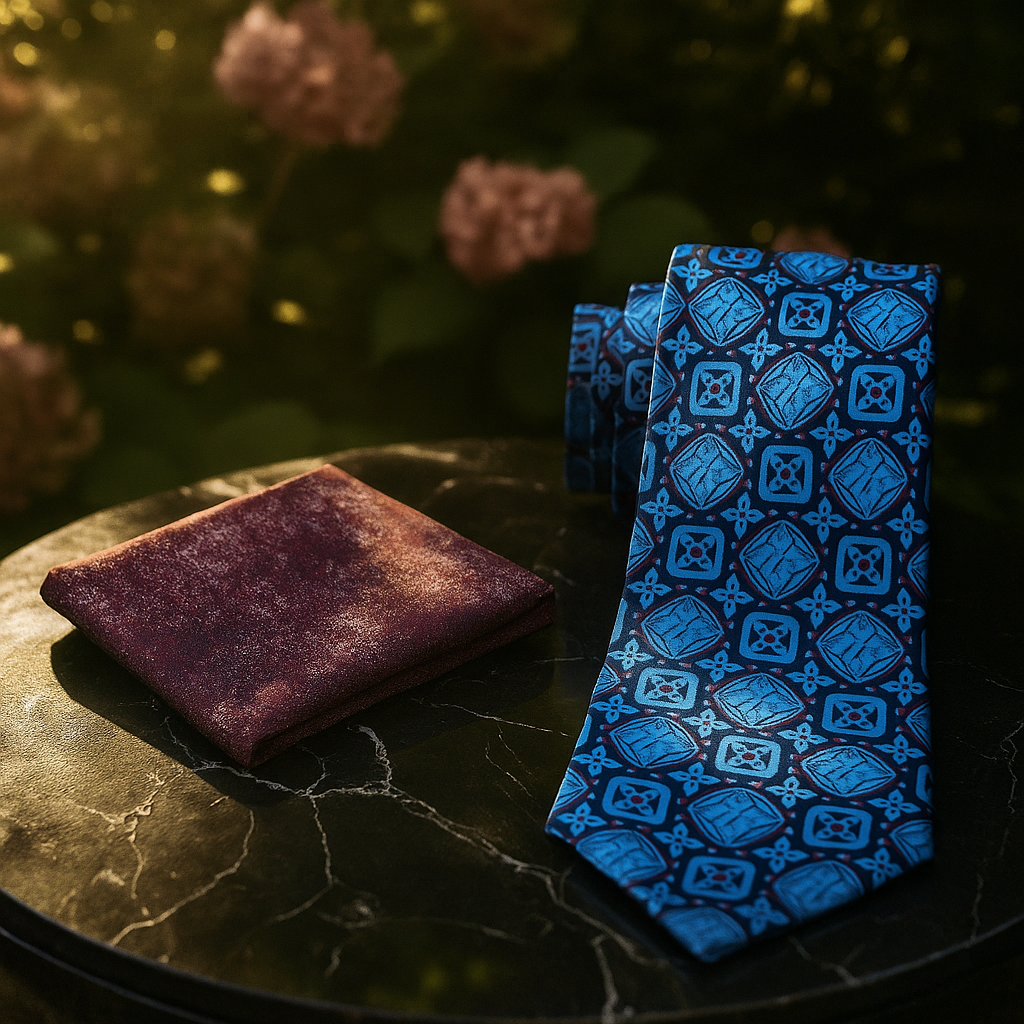 Blue patterned tie and brown wallet on a dark surface with blurred floral background