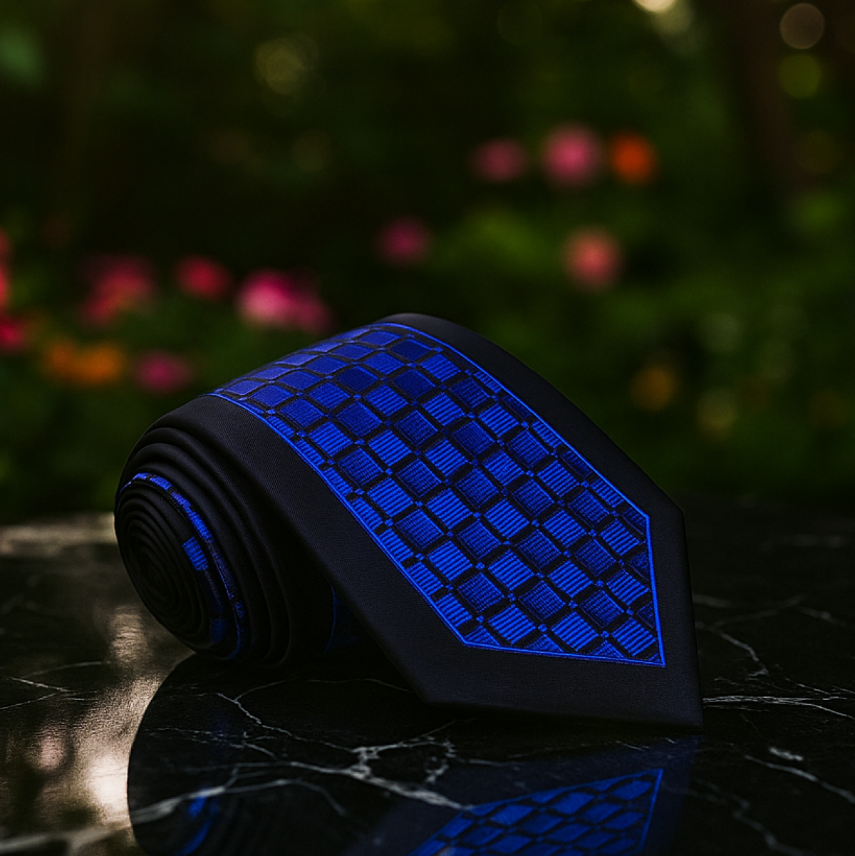 Black tie with blue geometric pattern on a reflective surface with blurred colorful background