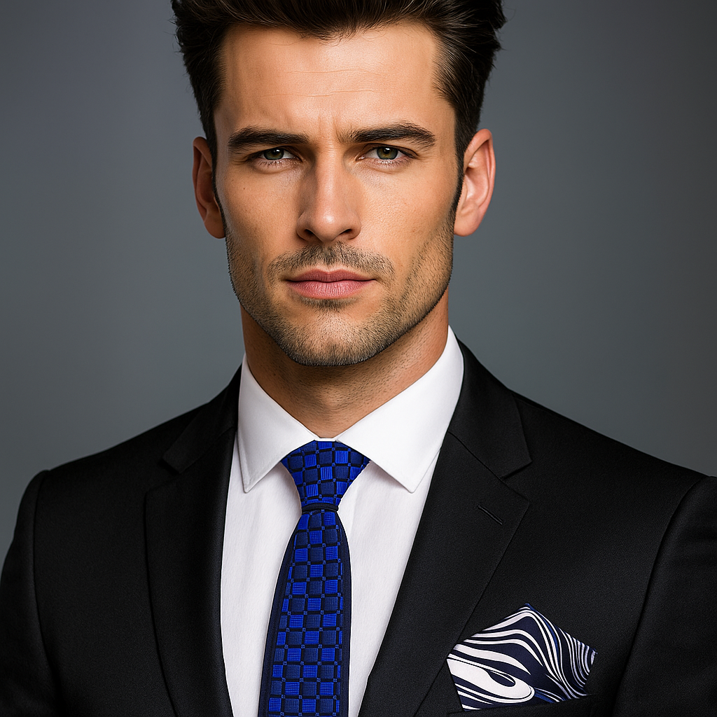 Man wearing a black suit with a blue tie and white shirt against a gray background