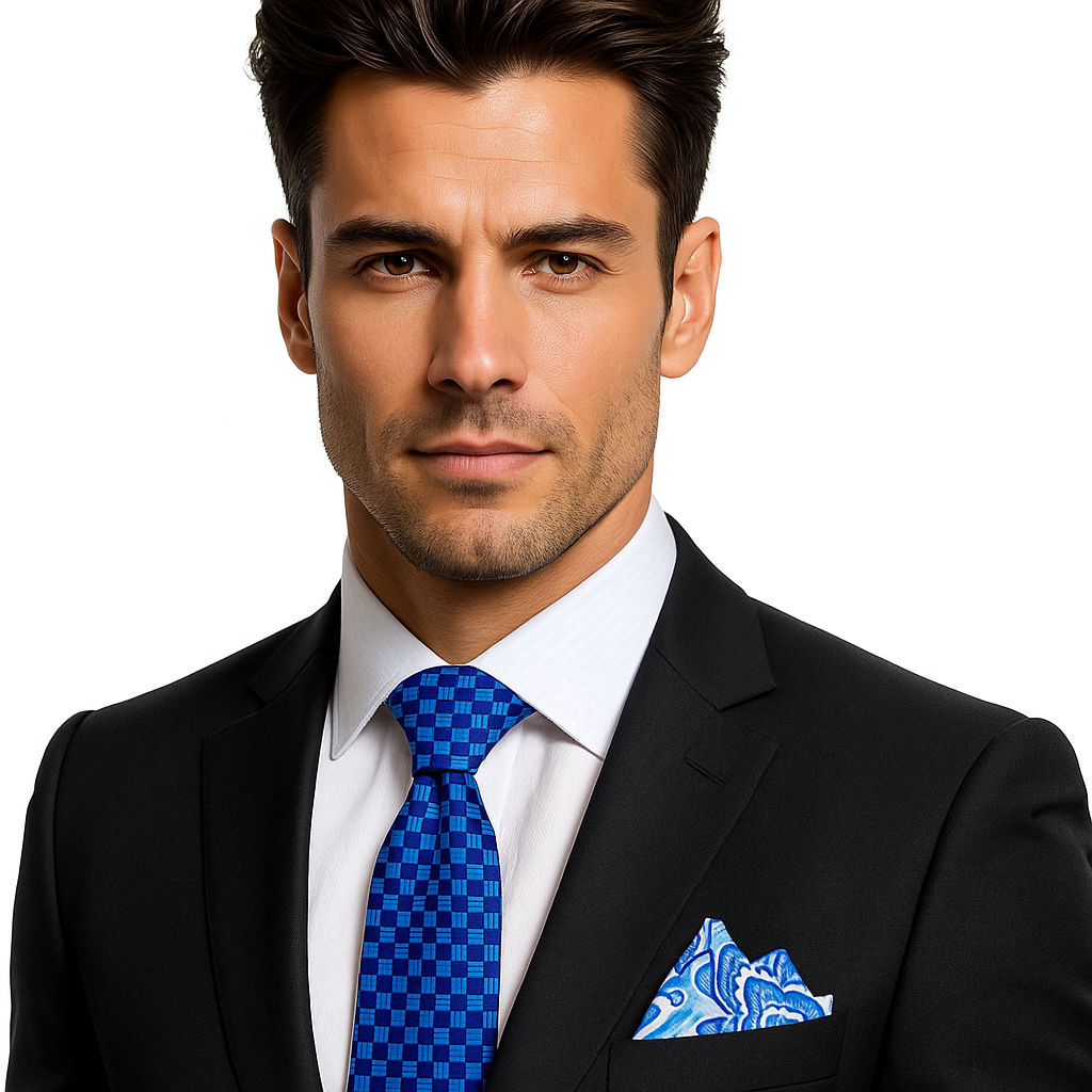 Blue Geometric Necktie and Accenting Paisley Square