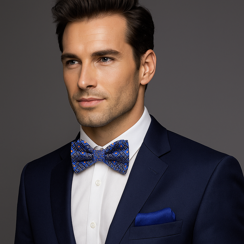 Man wearing a navy suit with a blue bow tie and pocket square on a gray background