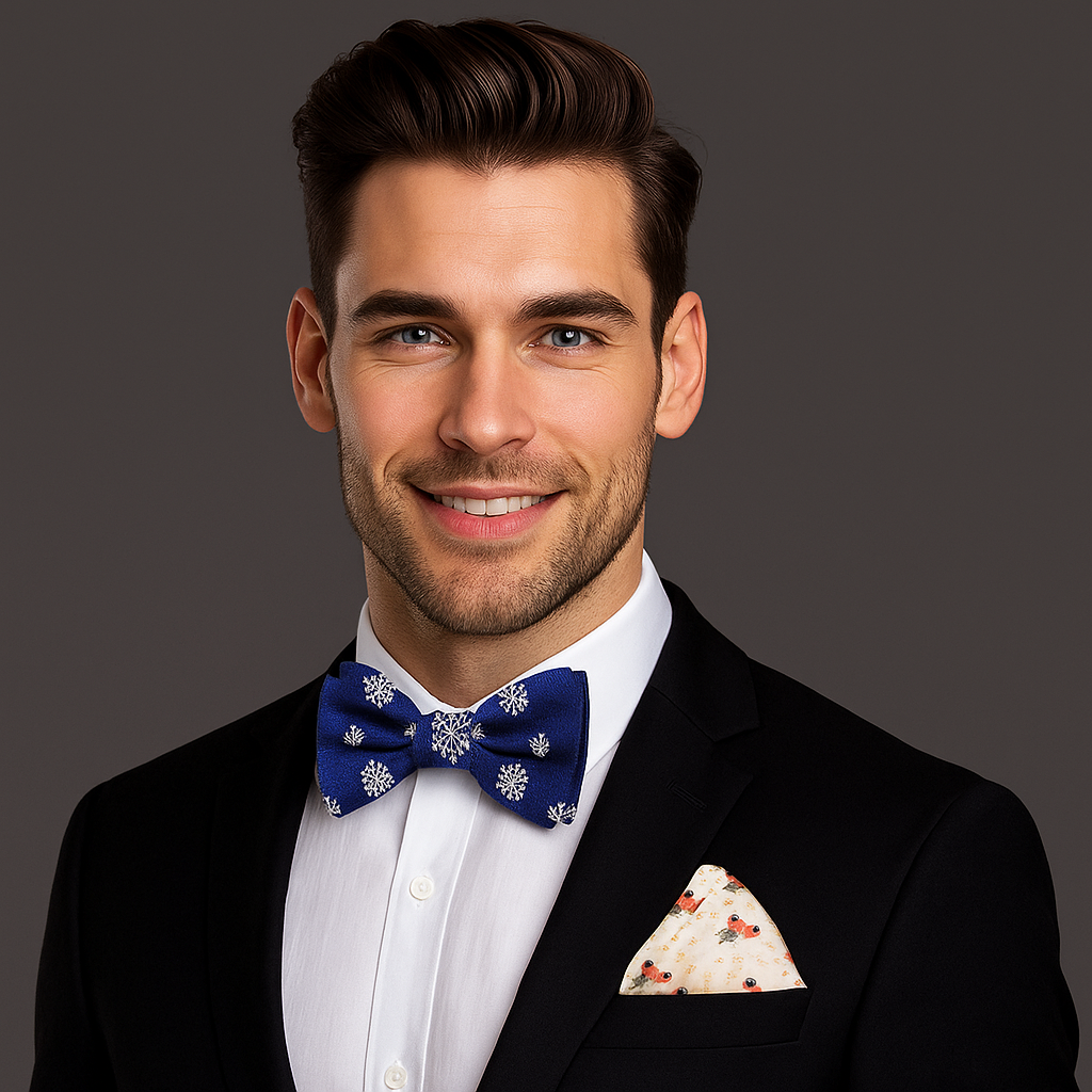 Man wearing a black suit with a blue bow tie and patterned pocket square on a gray background