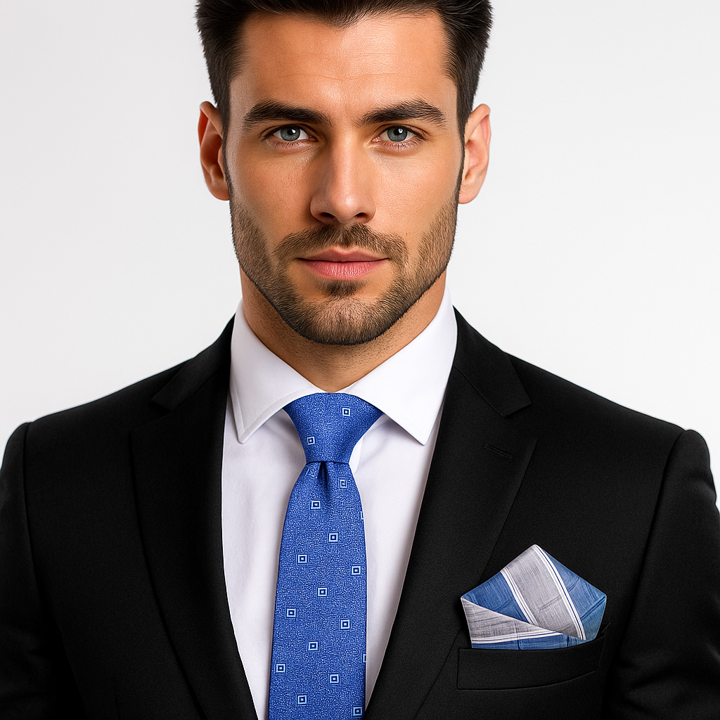 Blue, Light Blue Small Medallion Geometric Tie and Accenting Square