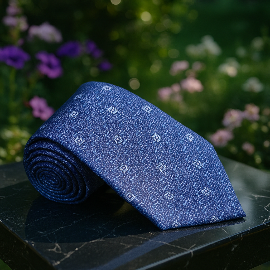 Rolled blue patterned tie on a dark surface with a blurred floral background