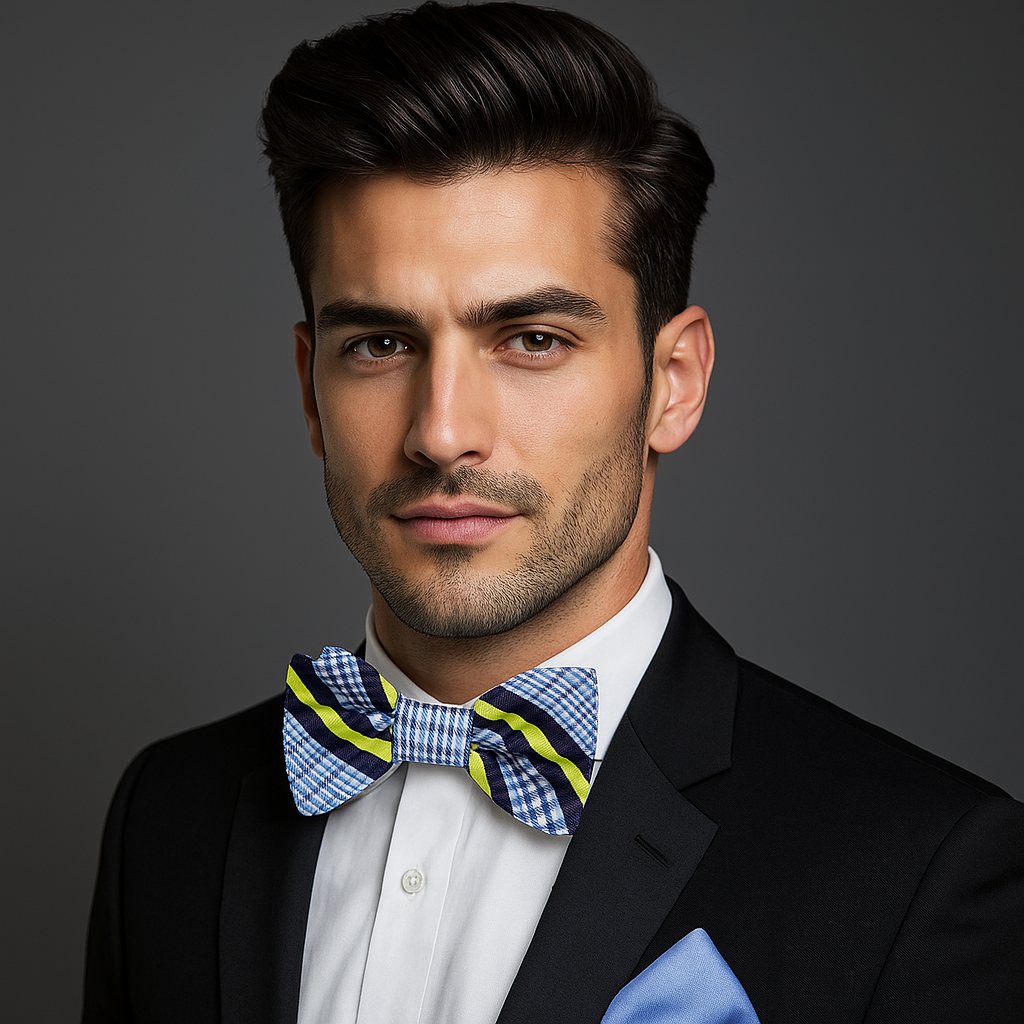 Man wearing a black suit with a colorful bow tie against a gray background
