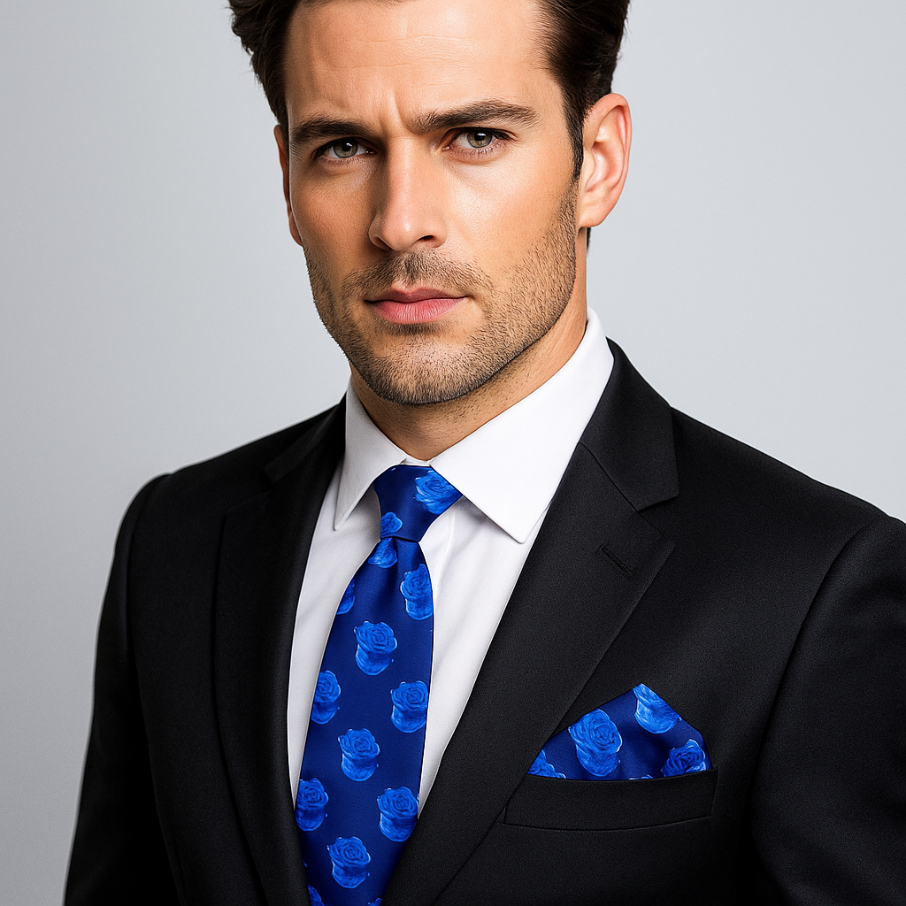Luxury Shades of Blue Roses Tie and Pocket Square