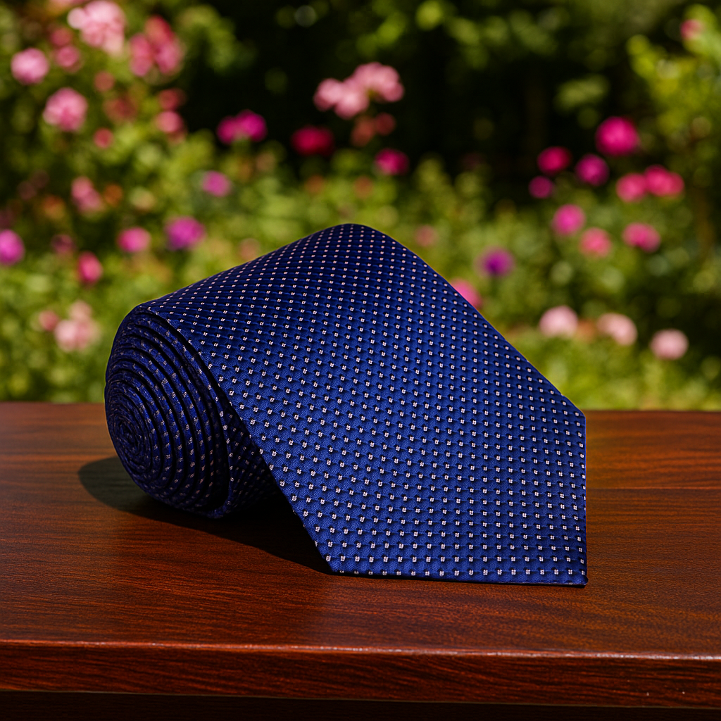 Rolled-up blue tie on a wooden surface with a blurred floral background