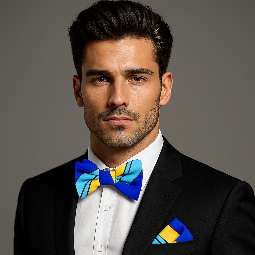 Man wearing a black suit with a colorful bow tie and pocket square on a gray background