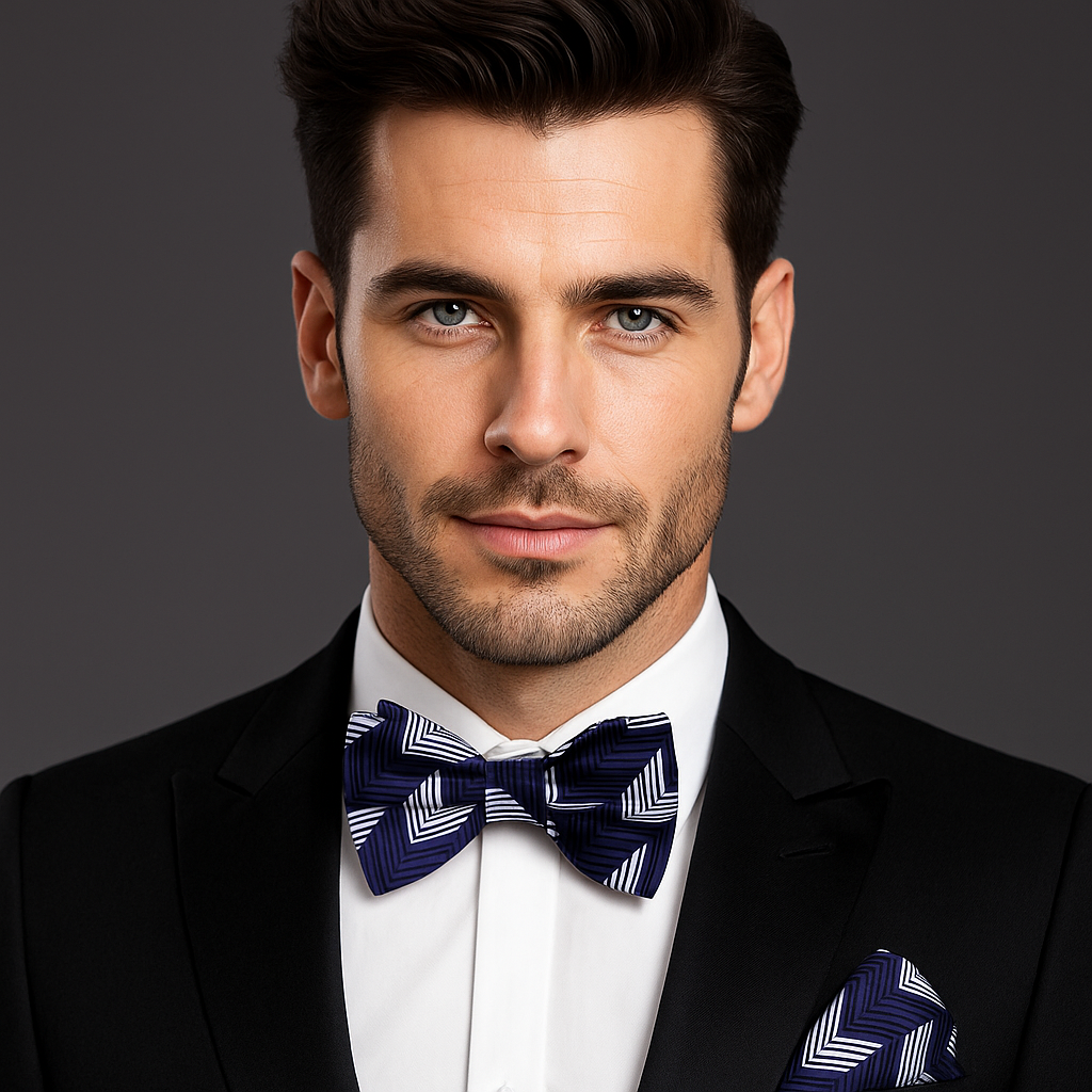 Man wearing a black suit with a blue bow tie and pocket square on a dark background