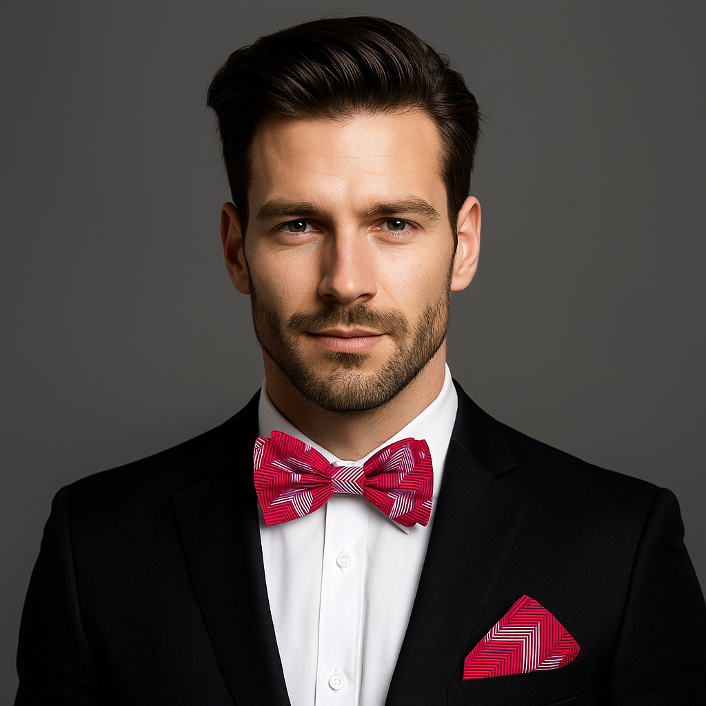 Man wearing a black suit with a red bow tie and matching pocket square on a gray background