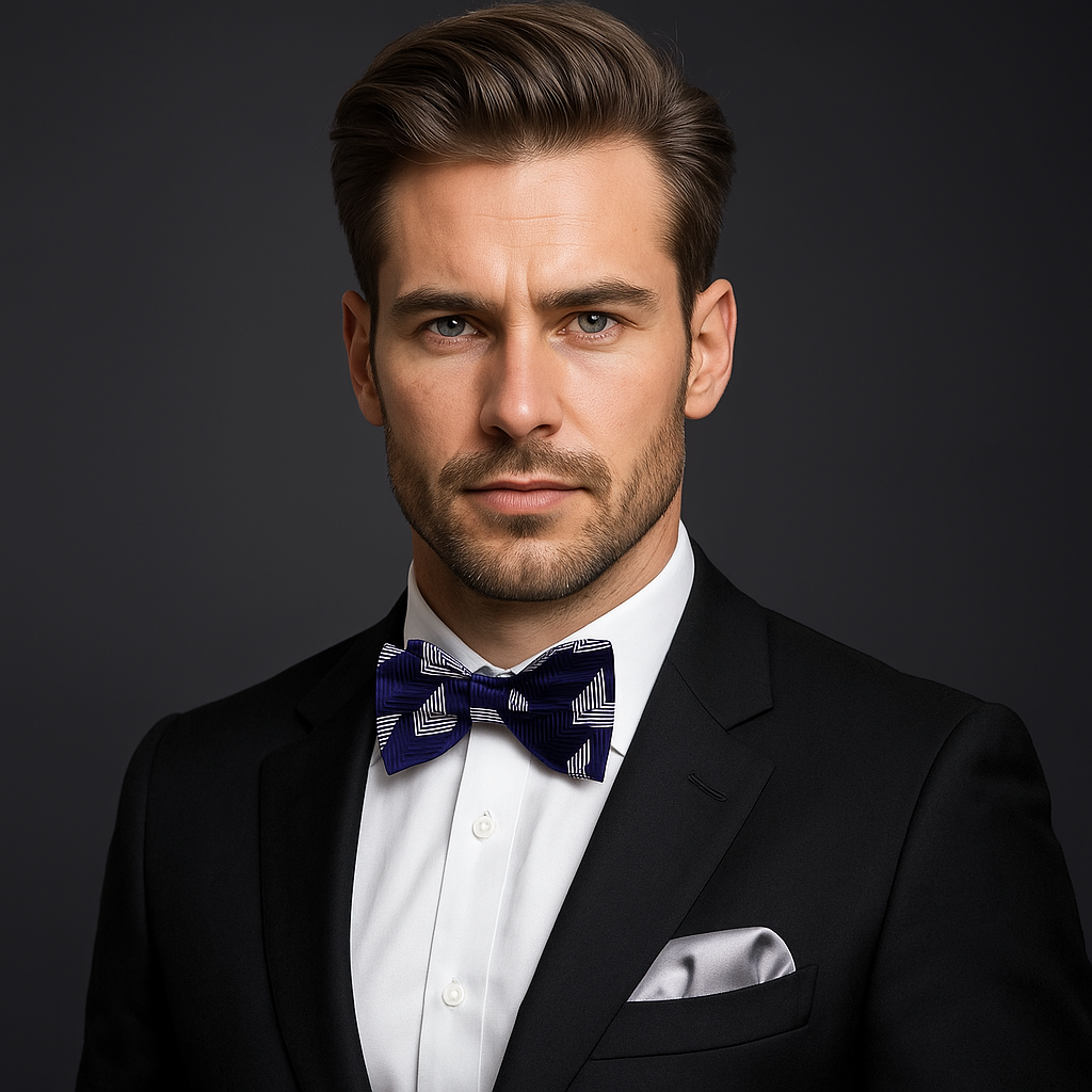 Man wearing a black suit with a white shirt and patterned bow tie on a dark background