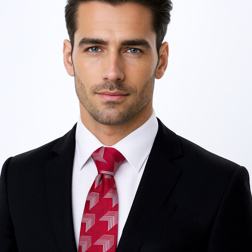Man wearing a black suit with a red tie on a white background