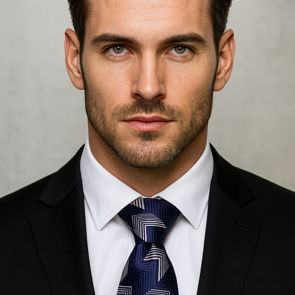 Man wearing a black suit with a white shirt and blue patterned tie against a neutral background