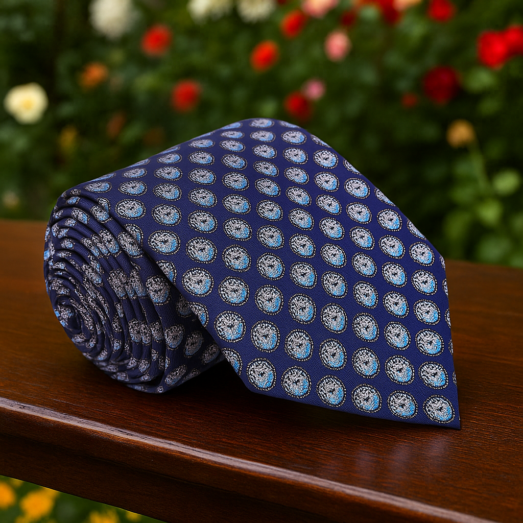 Roll of blue patterned tie on a wooden surface with blurred floral background
