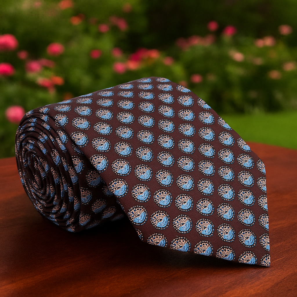 Rolled-up patterned tie on a wooden surface with a blurred floral background