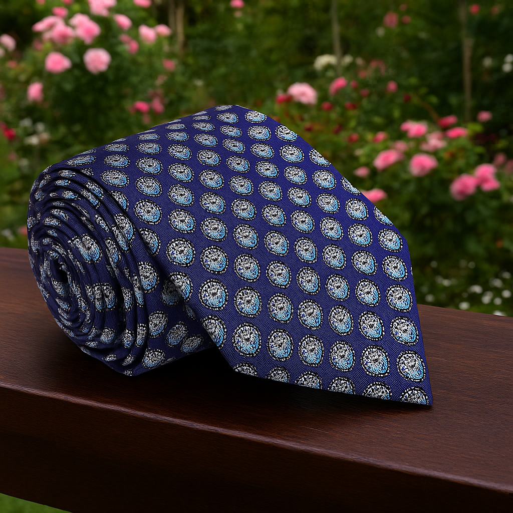 Rolled-up blue tie with circular patterns on a wooden surface with flowers in the background