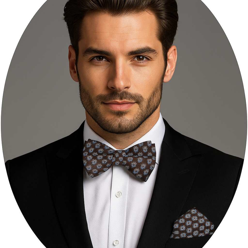 Main View: A Brown Polka Pattern Self Tie Bow Tie, Matching Pocket Square