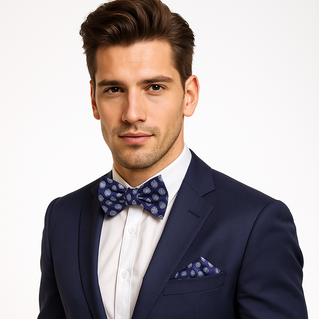 Man wearing a navy suit with a patterned bow tie and pocket square on a white background