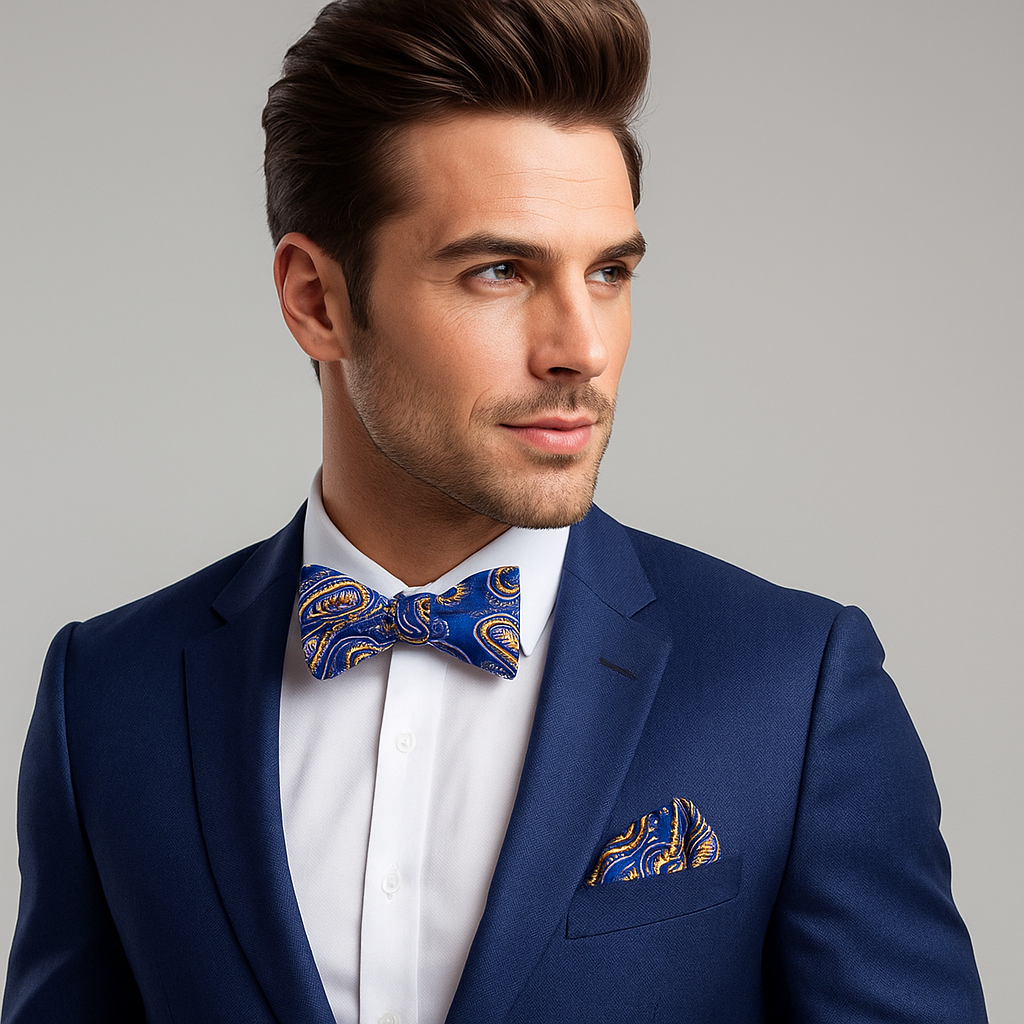 Man wearing a blue suit with a blue and yellow gold paisley patterned bow tie and pocket square on a gray background