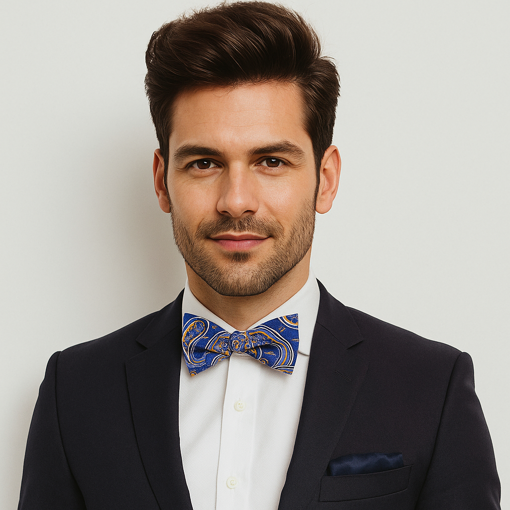 Man wearing a black suit with a white shirt and blue and yellow paisley patterned bow tie on a light gray background