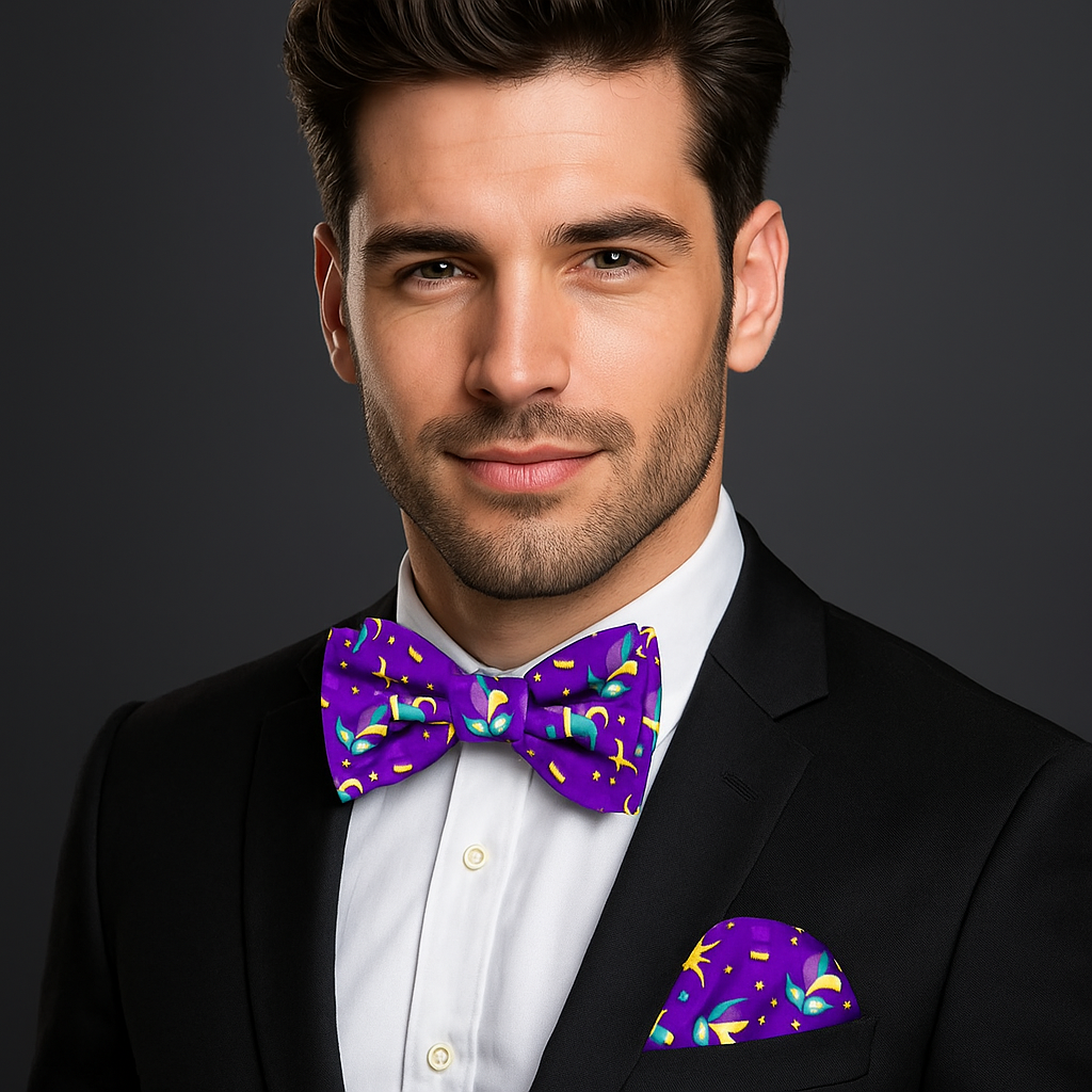 Man wearing a black suit with a colorful bow tie and pocket square on a dark background