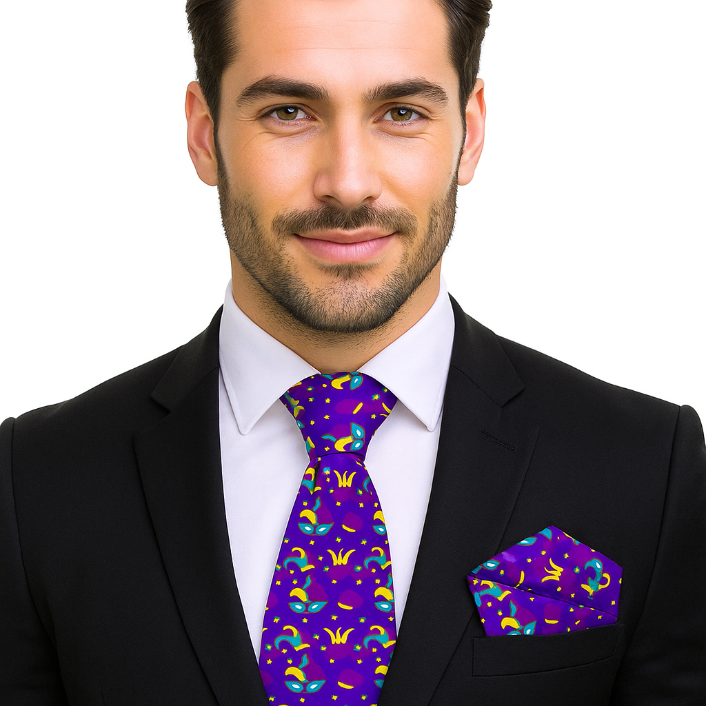 Man wearing a black suit with a colorful tie and pocket square on a white background
