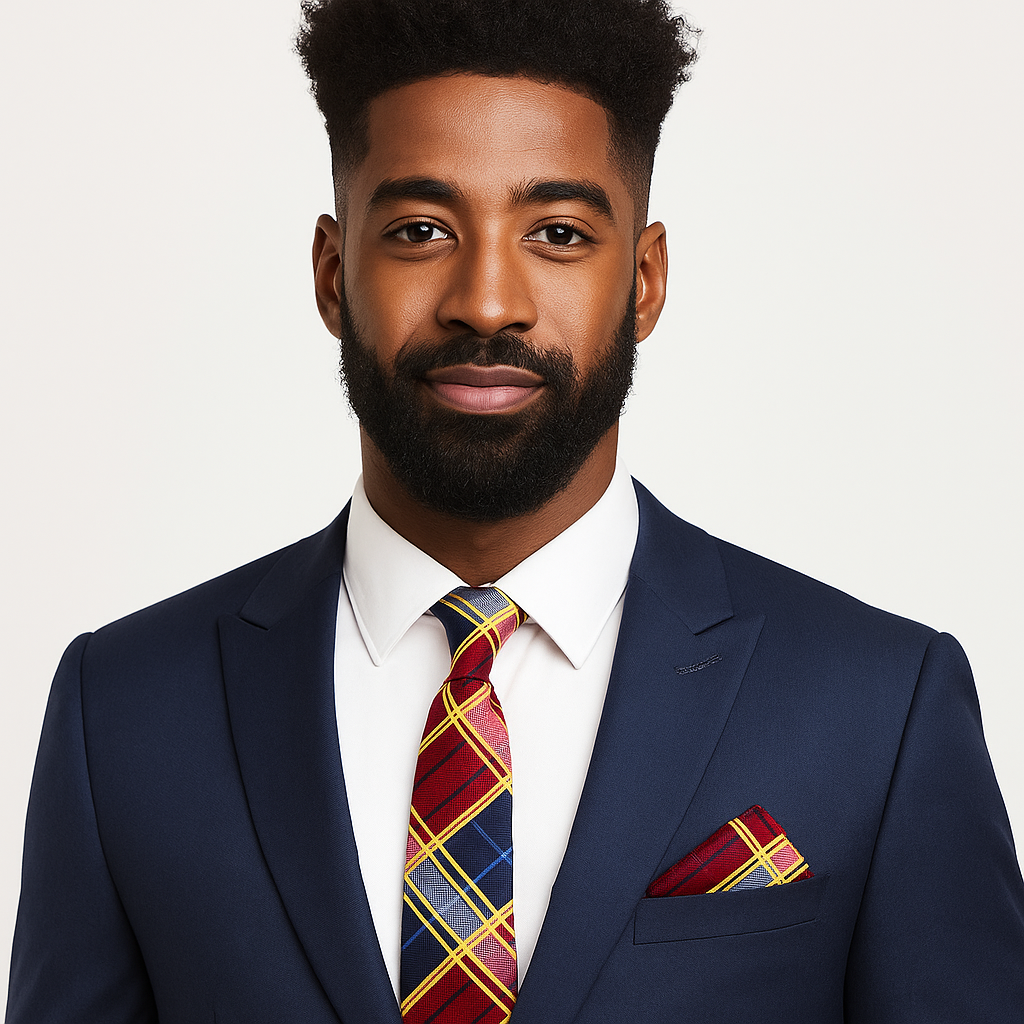 Man wearing a navy suit with a red and blue plaid tie and pocket square on a light gray background