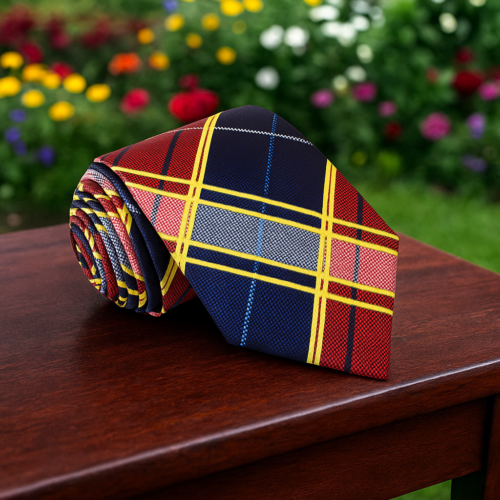 Colorful plaid tie on a wooden surface with a blurred floral background