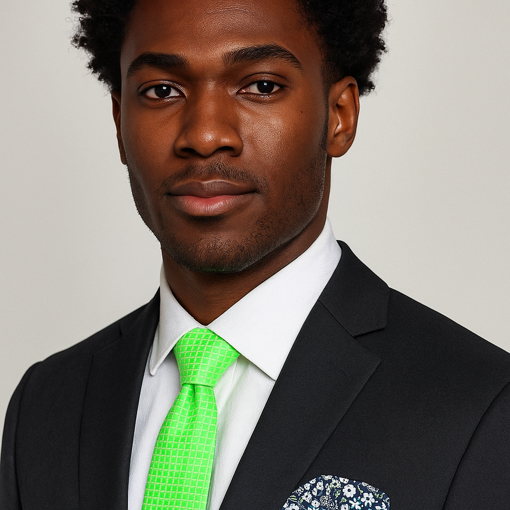 Man wearing a black suit with a green tie against a neutral background