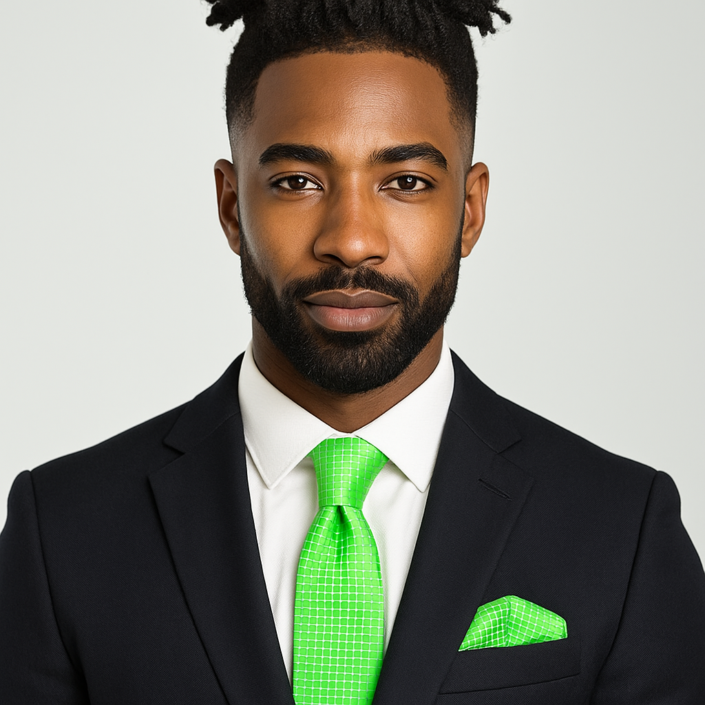 Man wearing a black suit with a green tie and pocket square on a gray background