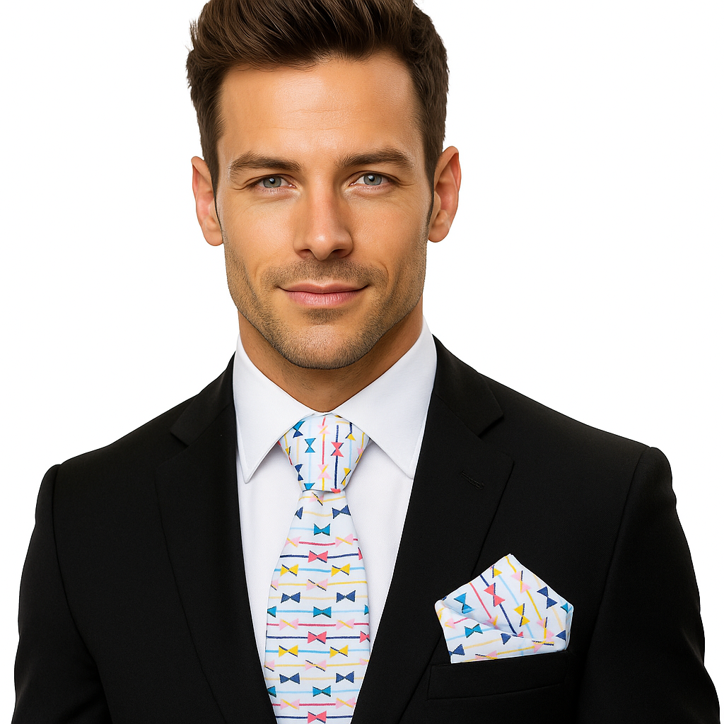 Man wearing a black suit with a colorful tie and pocket square on a white background