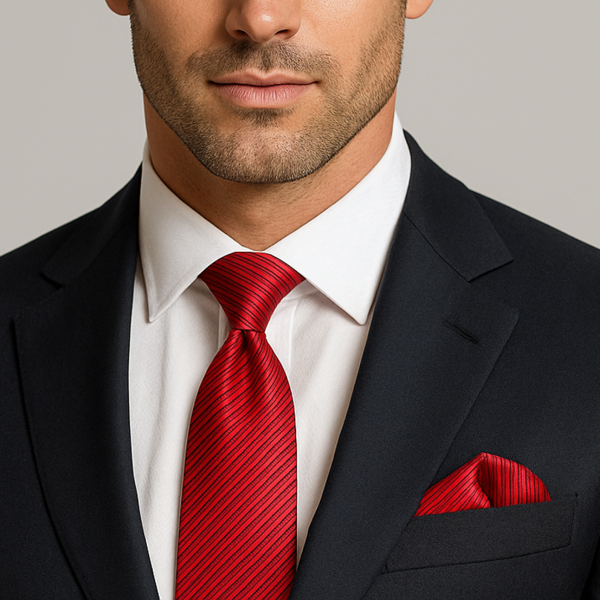 Man wearing a black suit with a red tie and pocket square on a gray background
