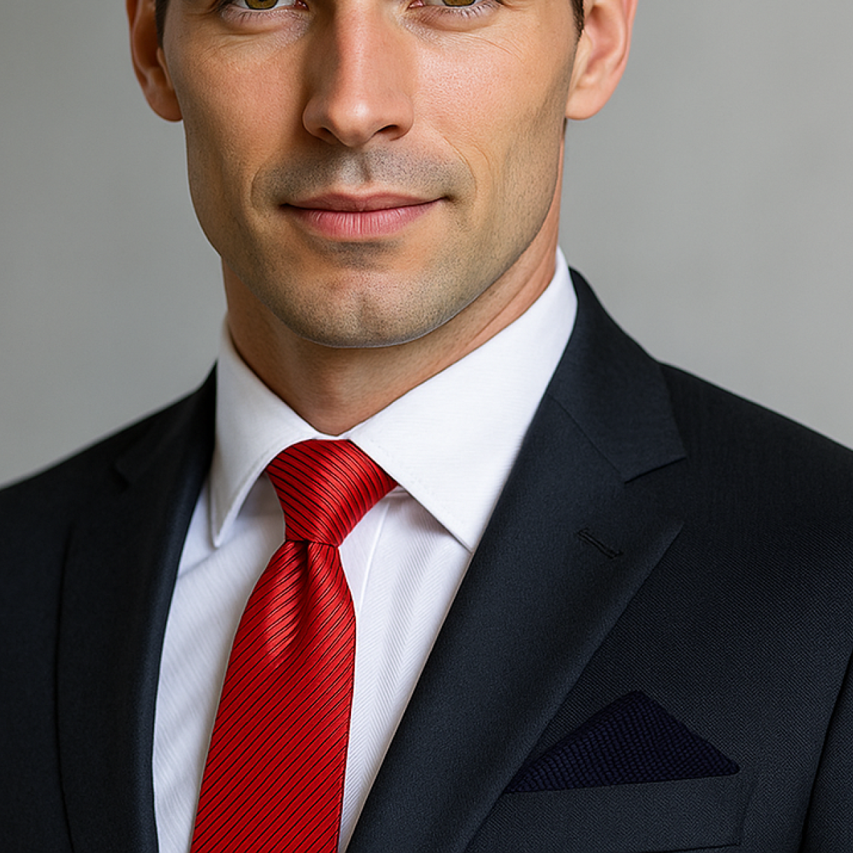 Man wearing a dark suit with a red tie against a neutral background