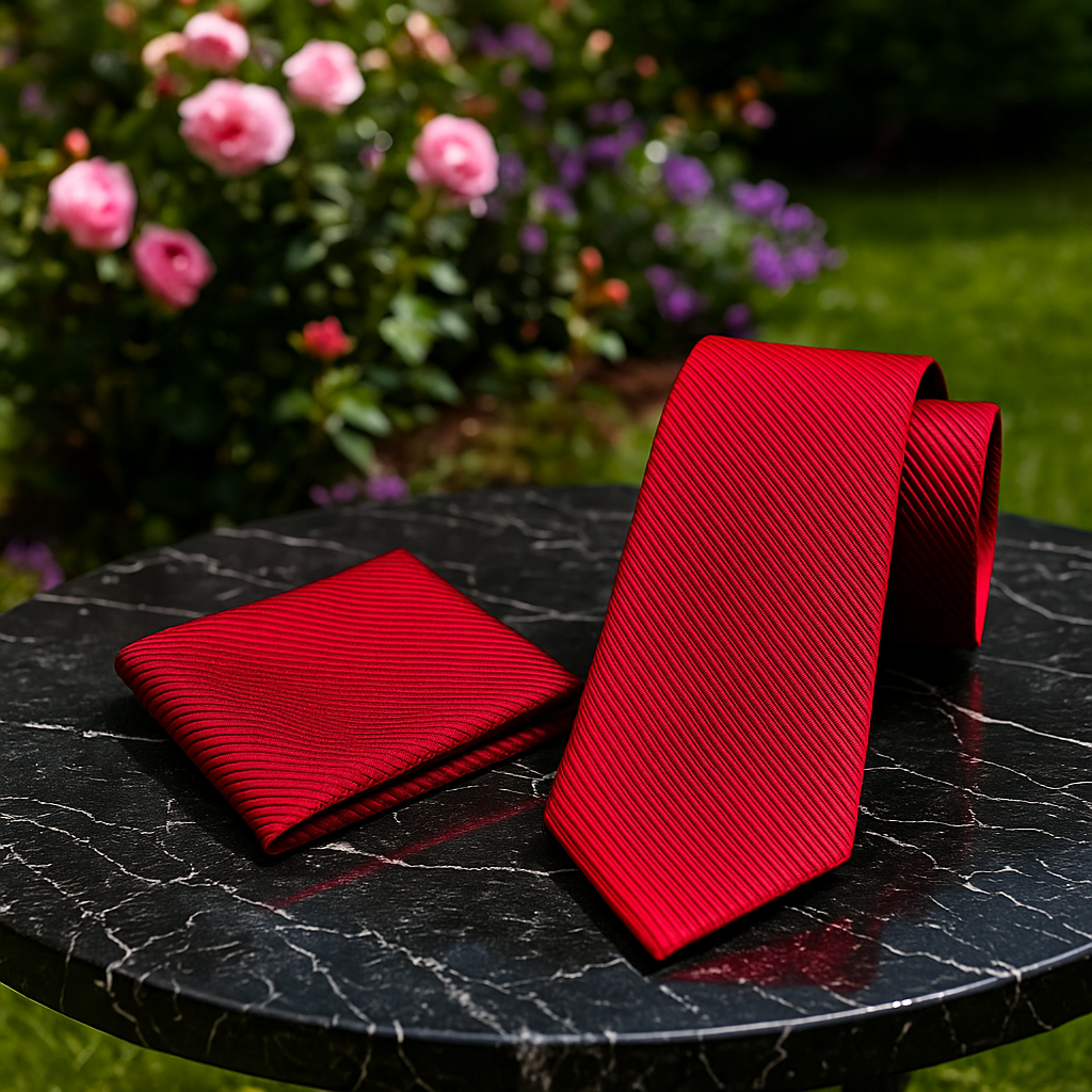 Red tie and matching pocket square on a black marble table with flowers in the background