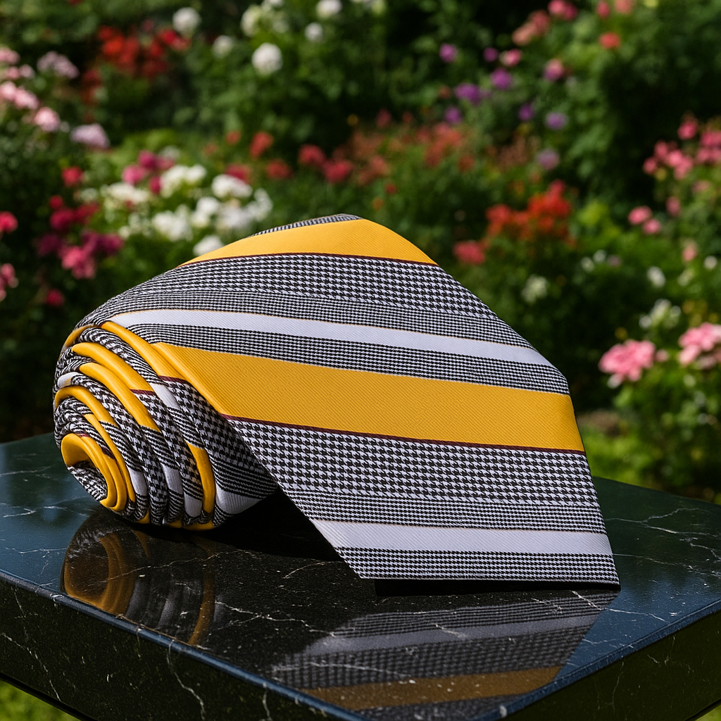 Striped tie with yellow, black, and white pattern on a reflective surface with flowers in the background