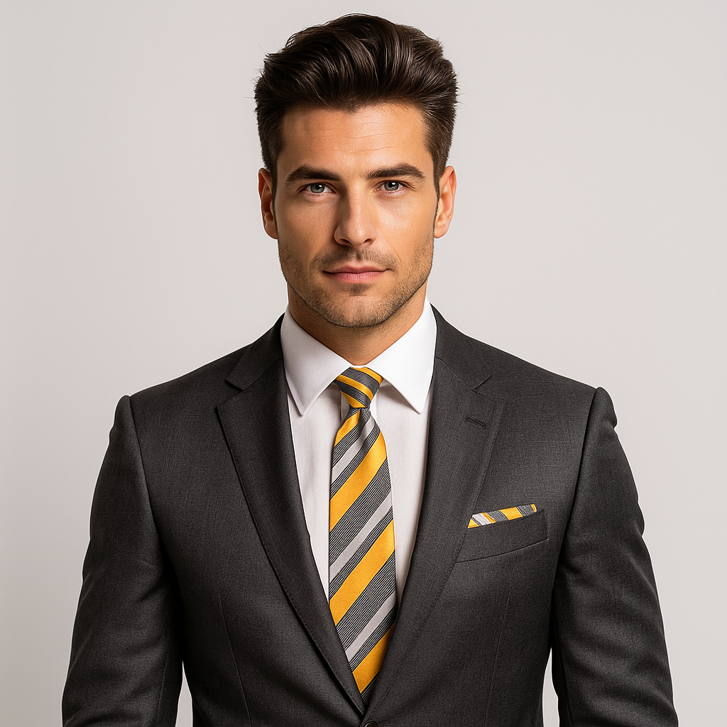 Man wearing a dark suit with a yellow and gray striped tie on a light gray background